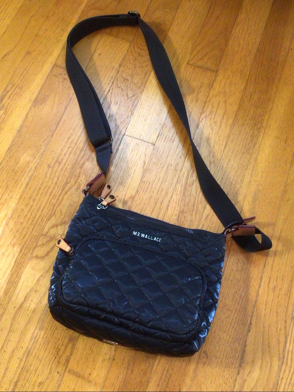 MZ Wallace Navy Quilted Crossbody Bag with Tan Trim